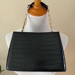 ASOS Black Croc-Embossed Shoulder Bag with Gold Chain